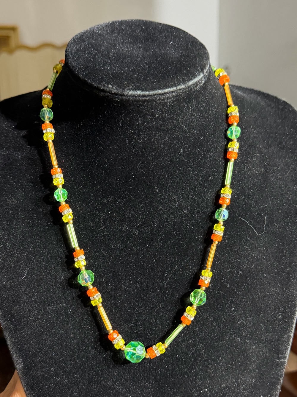 Vintage Green Orange Yellow Glass Beaded Necklace